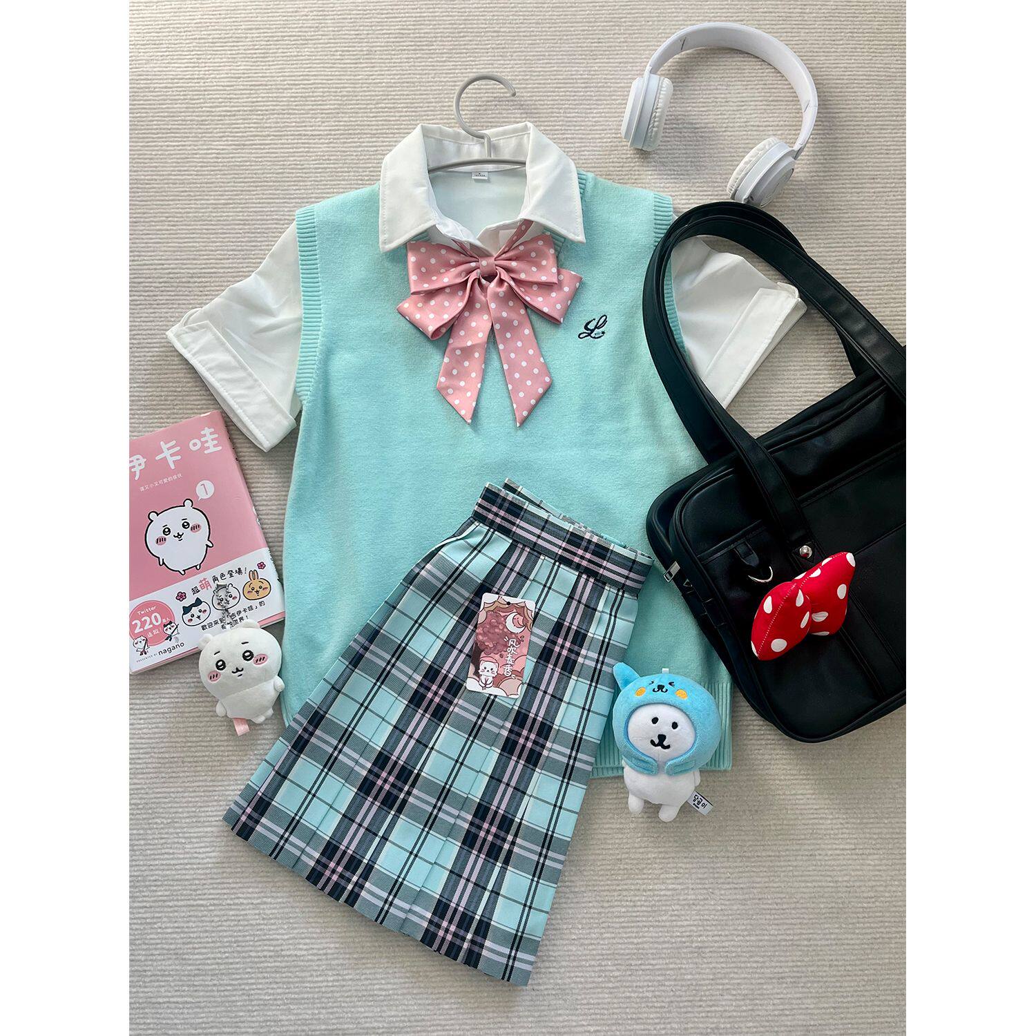 风吹麦香jk原创背心格裙套装秋冬季甜美百搭叠穿学院风格子短裙