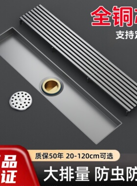枪灰色304不锈钢防臭地漏全铜芯卫生间淋浴下水道大排量长条通用