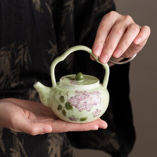 绿彩手绘绣球花宫灯提梁壶陶瓷茶壶单个带过滤家用复古泡茶壶礼物
