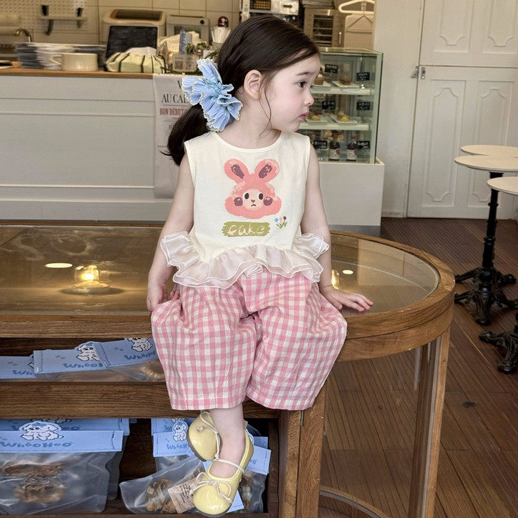 女童套装夏季2026新款女宝花边T恤格子阔腿裤女孩洋气可爱两件套