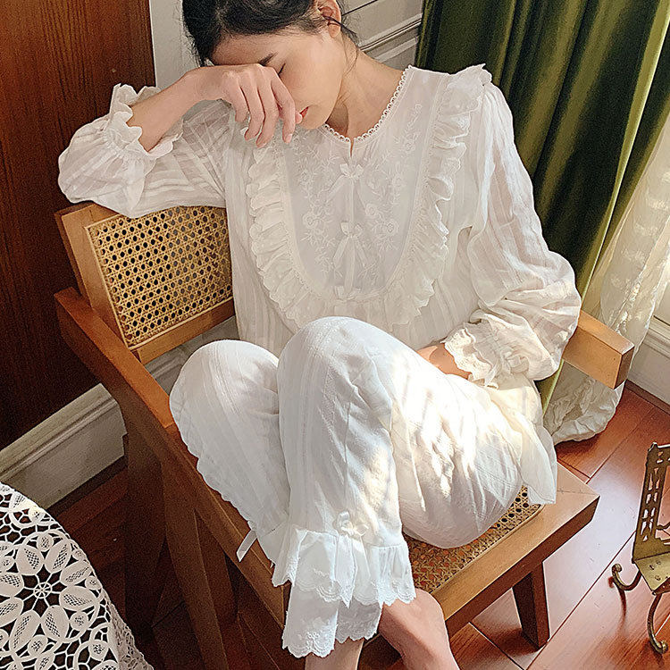 睡衣女士春秋季长袖纯棉韩版公主风日系少女花边蝴蝶结家居服套装