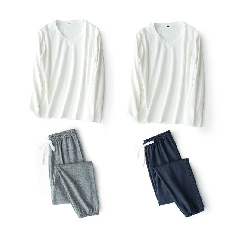 全棉针织睡衣套装女 日式情侣休闲运动外穿家居服长袖V领卫衣裤