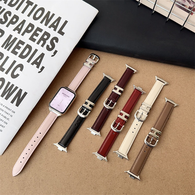 简约亮面H扣适用小米10/9NFC手环表带8Pro腕带红米56皮质轻奢情侣