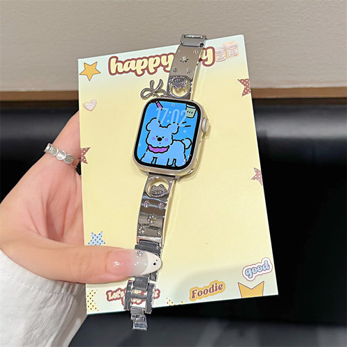 卡通镂空点钻小猫小狗适用苹果s11表带S10代iwatch98s765金属腕带