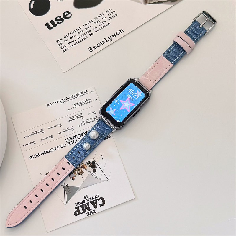牛仔拼皮撞色珍珠适用华为手环9/8nfc表带10手链11pro女腕带细款P