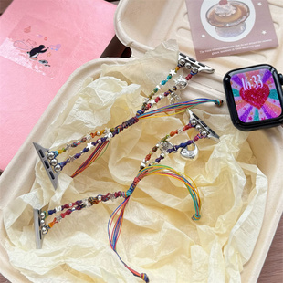 卡通七彩星星猫咪福坨适用苹果s11表带S10代iwatch98s765腕带编织
