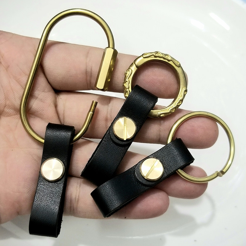 纯黄铜钥匙扣连接牛真皮挂钩礼品男女士腰挂马蹄汽车挂套壳环带绳