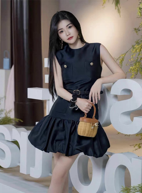 SP2025秋季新款藏蓝色无袖芭蕾花苞连衣裙短裙女