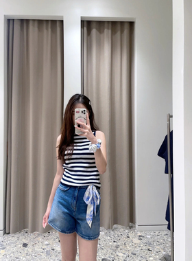 法国M家2025秋冬黑白条纹无袖圆领针织衫背心上衣MFPPU00913