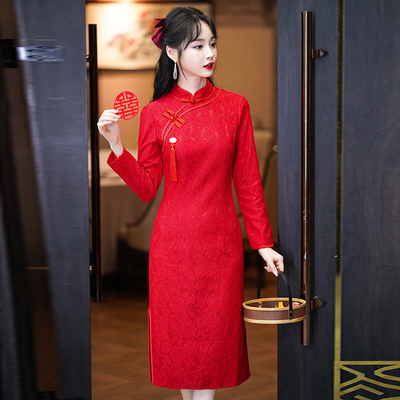 2025春秋新款新中式订婚敬酒服新娘回门便装红色回娘家旗袍连衣裙