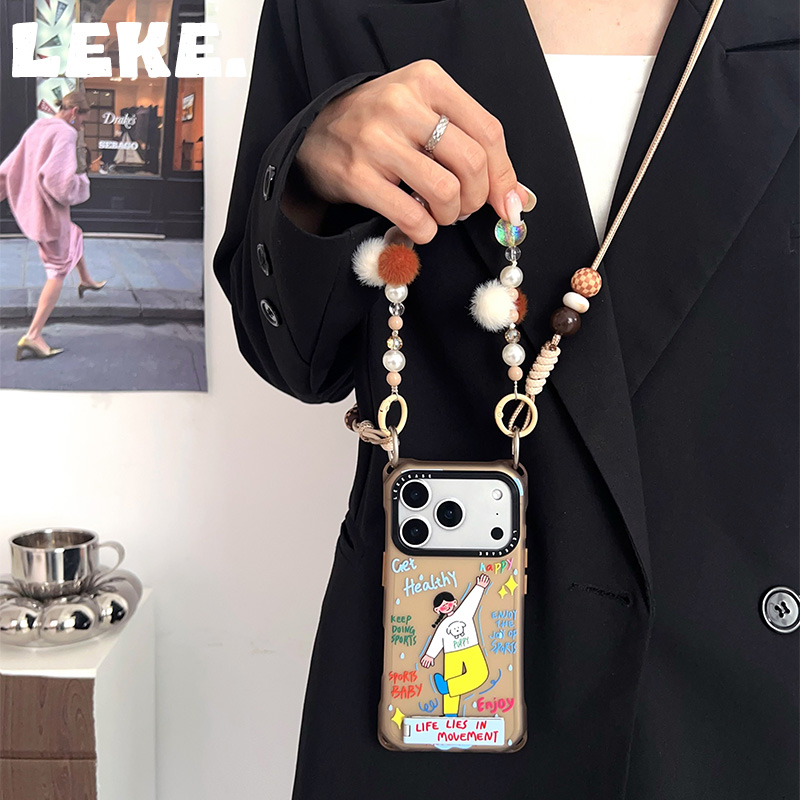 运动女孩手机壳带挂绳斜挎链支架