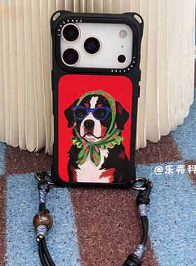 潮酷绿头巾小狗~适用苹果16手机壳带挂绳15手腕苹果17promax四角防摔小米14懒人13手提17红色pura80小羊皮12