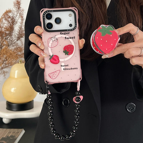 甜妹春天粉草莓~四角挂绳手机壳