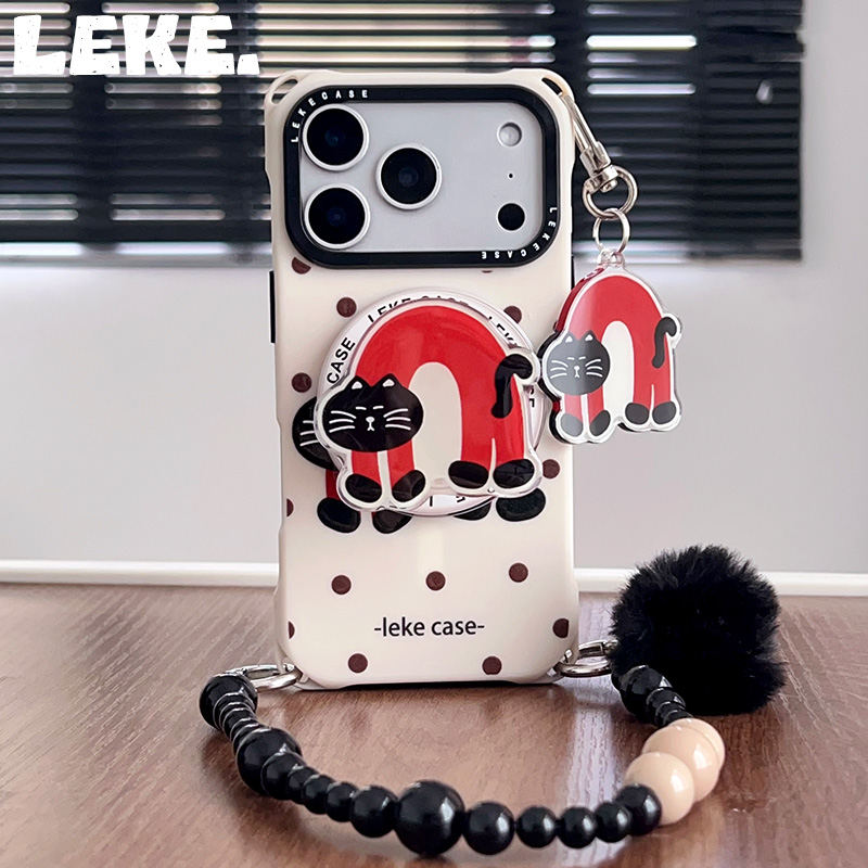波点黑猫磁吸手机壳带挂绳支架