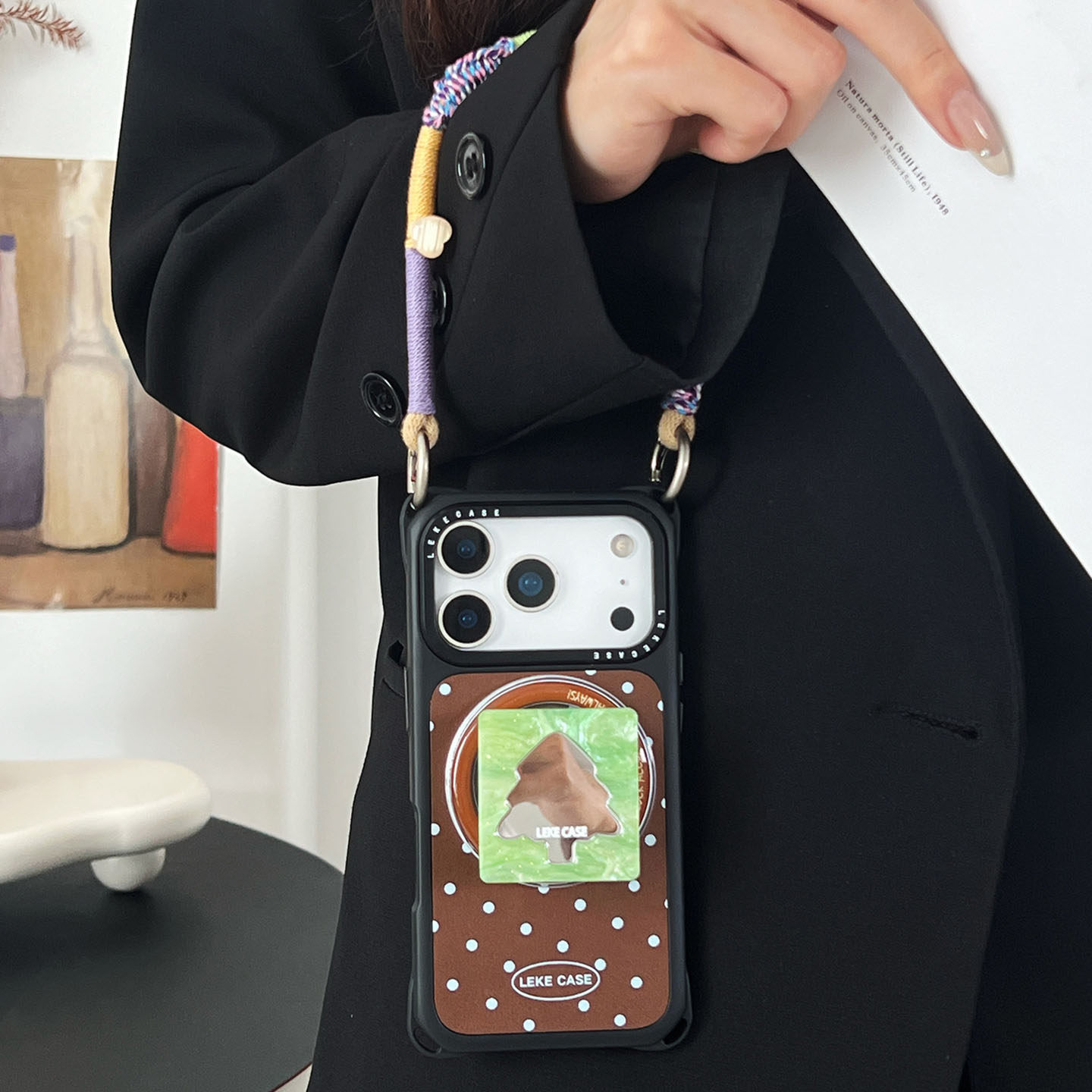 ins风波点棕~磁吸适用苹果16手机壳带挂绳15手腕iphone17promax四角防摔13镜子12支架pura80手提14懒人小米17