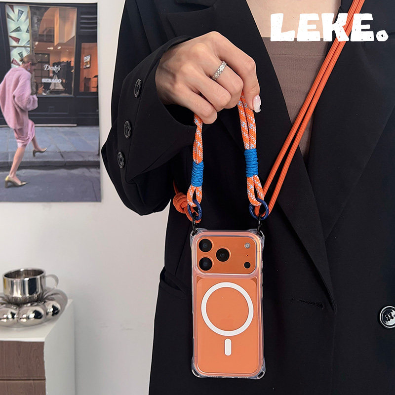 橙色磁吸适用iphone17手机壳新款带挂绳苹果17promax斜挎可背17pro四角开孔16简约15手提14手腕13背包式12