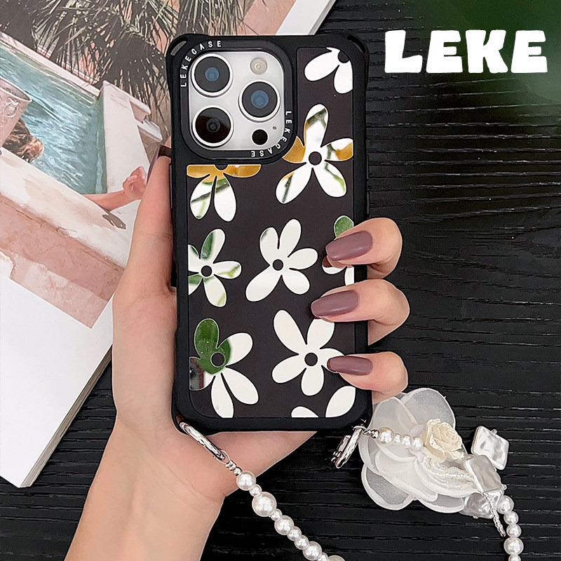 潮酷花朵高级感适用iphone17手机壳带挂绳苹果16promax链条17pro四角开孔13镜面15手腕小米14手提12珍珠挂链