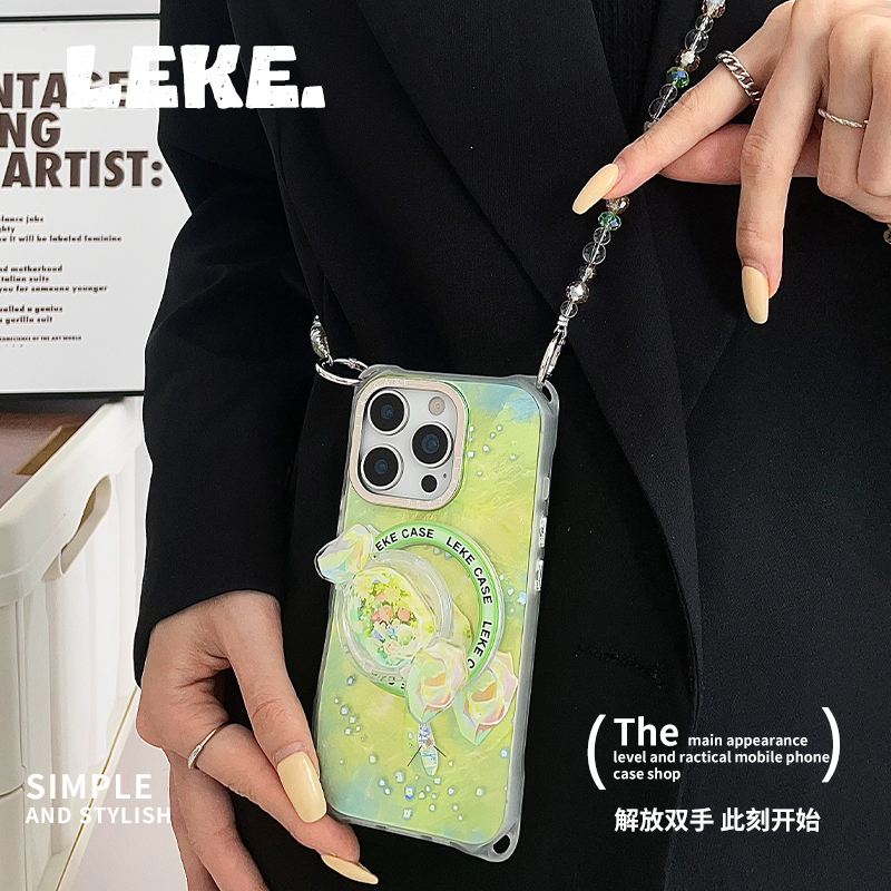 夏日绿色糖果适用苹果16手机壳带挂绳13斜挎可背iphone15promax四角开孔15磁吸支架14斜跨12链条11手提16pro