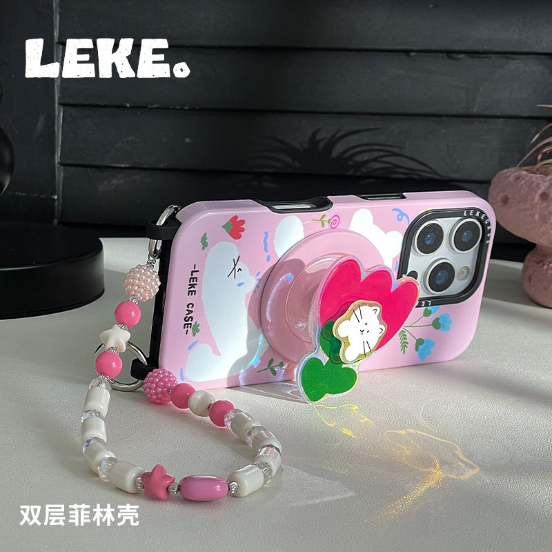 郁金香猫咪适用苹果16promax手机壳带挂绳13斜挎可背iphone15四角开孔14旋转支架16pro链条手提16挂链12背带