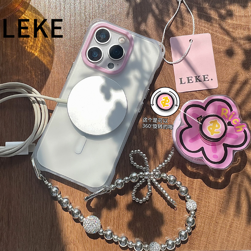 韩系粉发财花磁吸适用苹果16手机壳带挂绳斜挎可背iphone15promax四角开孔13支架14链条11手提12背带斜跨15