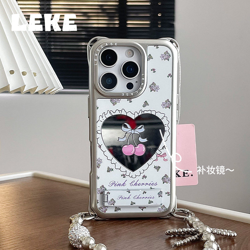 夏天爱心樱桃碎花适用苹果13手机壳带挂绳16斜挎可背iphone17promax四角开孔镜面14支架12链条手提15pro斜跨