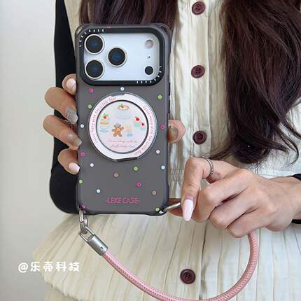 波点小熊派对~适用苹果17promax手机壳带挂绳16手腕iphone15四角防摔小米14旋转支架13懒人p80手提12韩系17