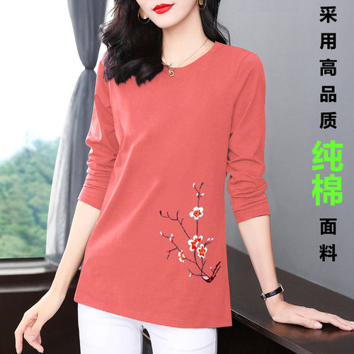纯棉长袖t恤女中年妈妈印花上衣