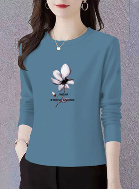 100%纯棉长袖t恤女春秋新款时尚气质百搭薄款打底衫上衣中年秋衣