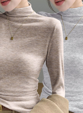 双面磨毛德绒半高领打底衫女秋冬季时尚洋气百搭加厚保暖内搭T恤
