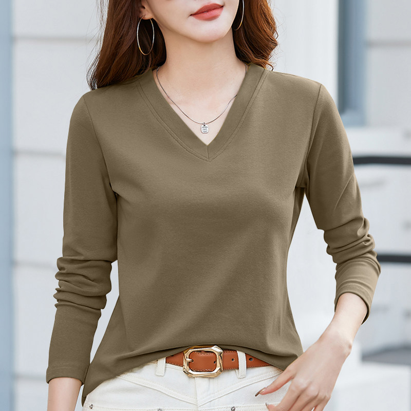 秋冬2025新款修身V领德绒长袖t恤女正肩内搭加厚打底衫设计感上衣