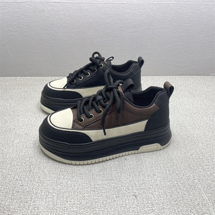 撤柜处理真皮厚底板鞋女2024年春季新款拼色百搭松糕底运动休闲鞋