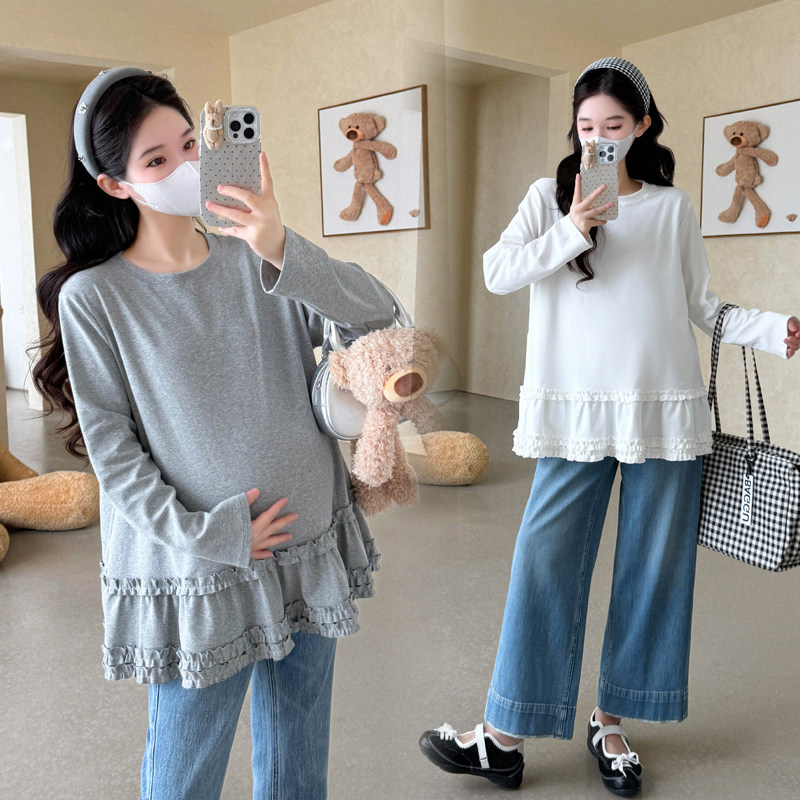 大码孕妇装秋季上衣2025新款韩版宽松遮肚长袖T恤拼接娃娃衫200斤