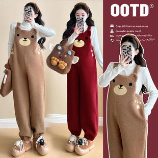 毛衣打底衫 秋冬加绒加厚羊羔绒小熊背带裤 两件套200斤 孕妇裤 大码
