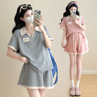 新款 夏季 翻领短袖 撞色t恤上衣 两件套200斤 大码 阔腿短裤 孕妇套装