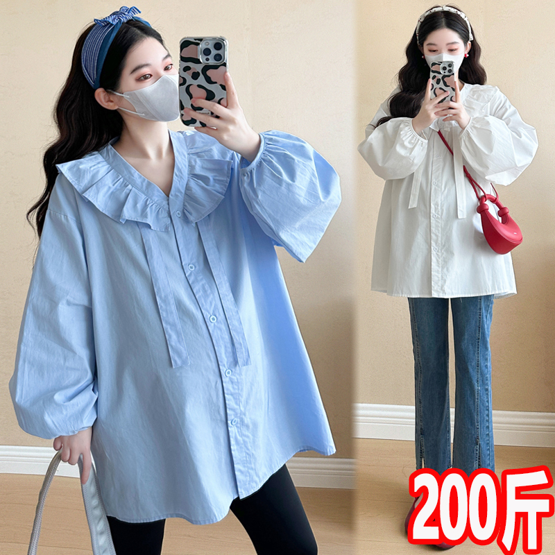 大码孕妇装上衣2025秋季新款长袖中长款衬衫娃娃衫时尚潮妈200斤