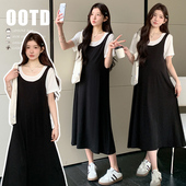 时尚 大码 薄款 孕期漂亮裙子夏季 假两件洋气宽松连衣裙200斤 孕妇装