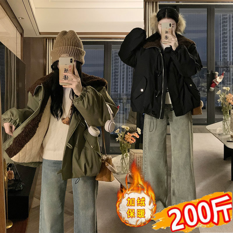 大码孕妇冬装棉衣小个子翻领加绒加厚保暖双层加棉棉衣外套200斤