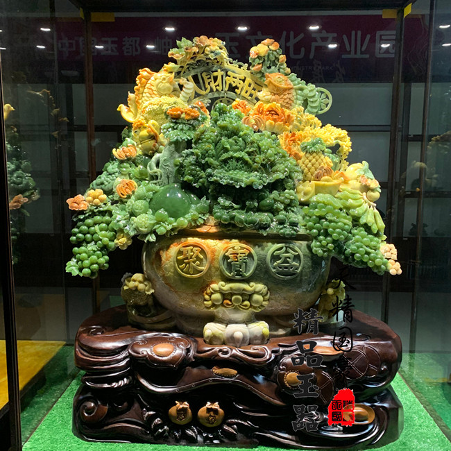 天然岫玉摆件原石玉雕摆件聚宝盆