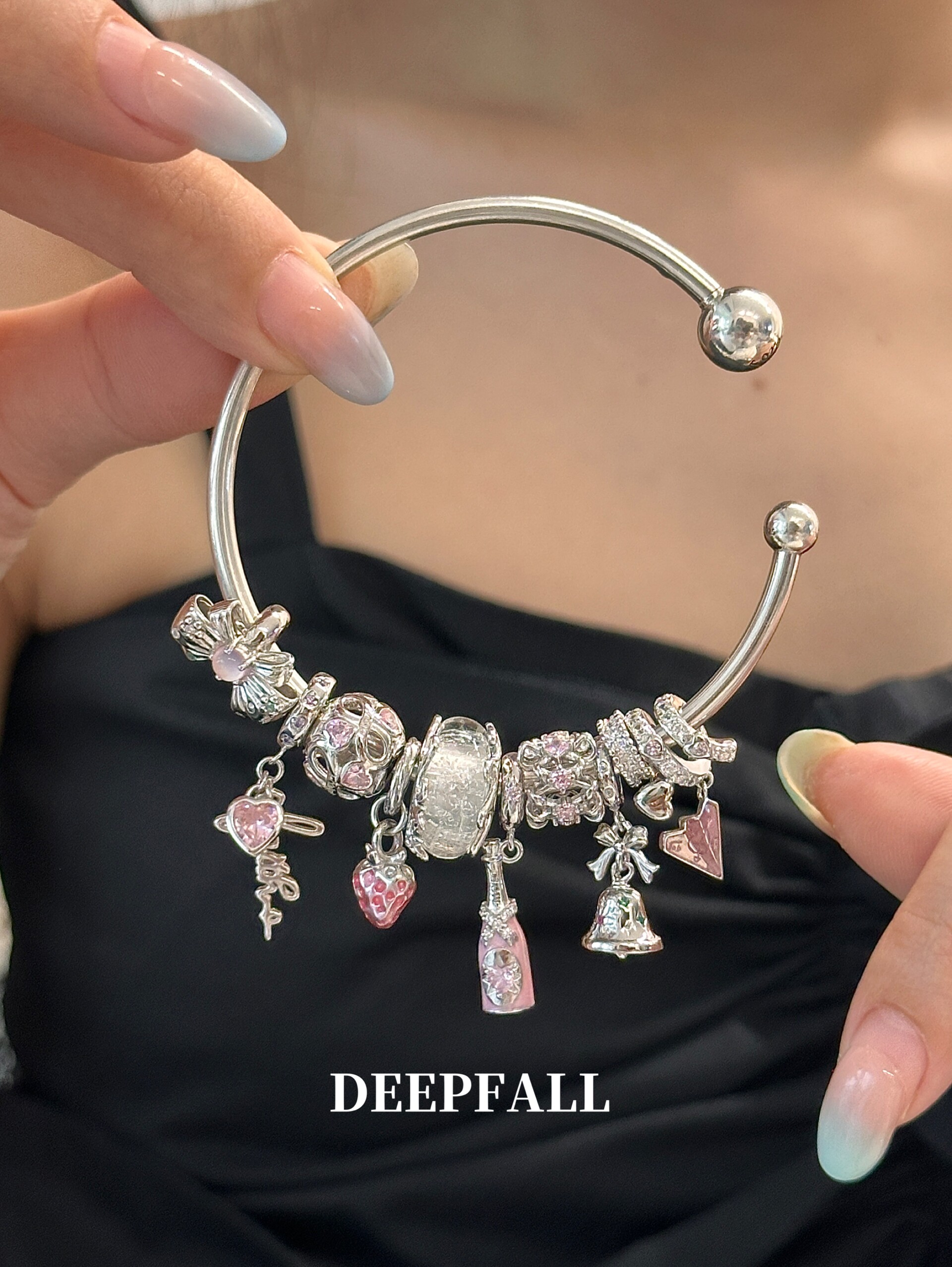 DEEPFALL 【小名媛搭配】s925纯银粉色少女手链diy吊坠少女心手镯