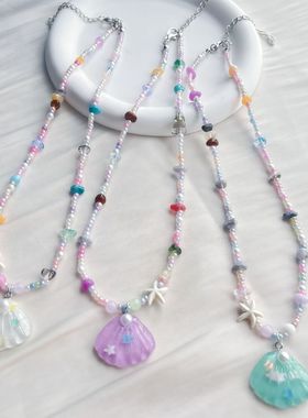 日韩夏季新款贝壳米珠串珠锁骨链