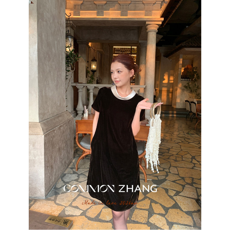 复古撞色醋酸连衣裙女2026秋季新品时髦小个子宽松中裙