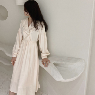 2025秋新款 连衣裙收腰显瘦裙子 甜美优雅气质花边领高腰a字长款