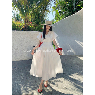 2026春季新款法式优雅V领绑带收腰显瘦短袖连衣裙纯欲裙子女