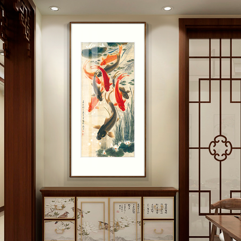 【五年老店】九鱼图竖版玄关装饰画走廊尽头挂画餐厅年年有余壁画