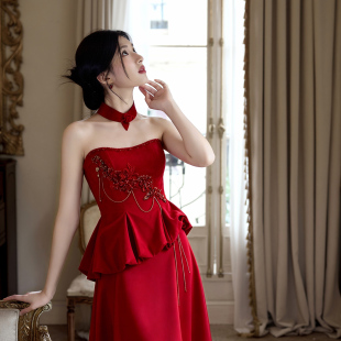 「丹雾」红色订婚礼服女新娘结婚抹胸敬酒服轻奢小众晚礼服高级感