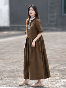 十五家棉麻2023春夏新款复古色织亚麻宽松木耳边v领连衣裙女原创