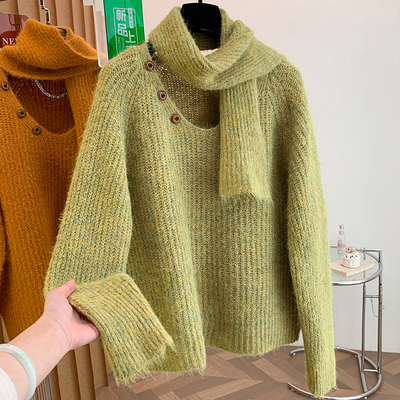 氛围感慵懒风马海毛针织衫毛衣女2025秋冬新款大码胖mm带围巾上衣