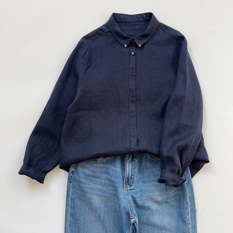 清仓捡漏~日单刺绣方领亚麻衬衫女长袖宽松休闲衬衣开衫棉麻上衣