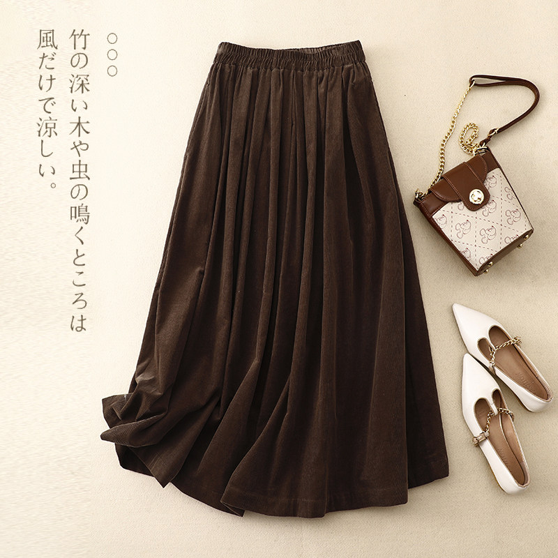 捡漏~专柜撤柜灯芯绒半身裙日系复古松紧腰垂感加厚条绒a字中长裙