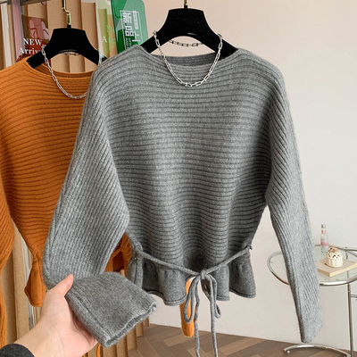 韩系荷叶边拼接系带针织衫女秋冬慵懒软糯毛衣套头打底衫上衣